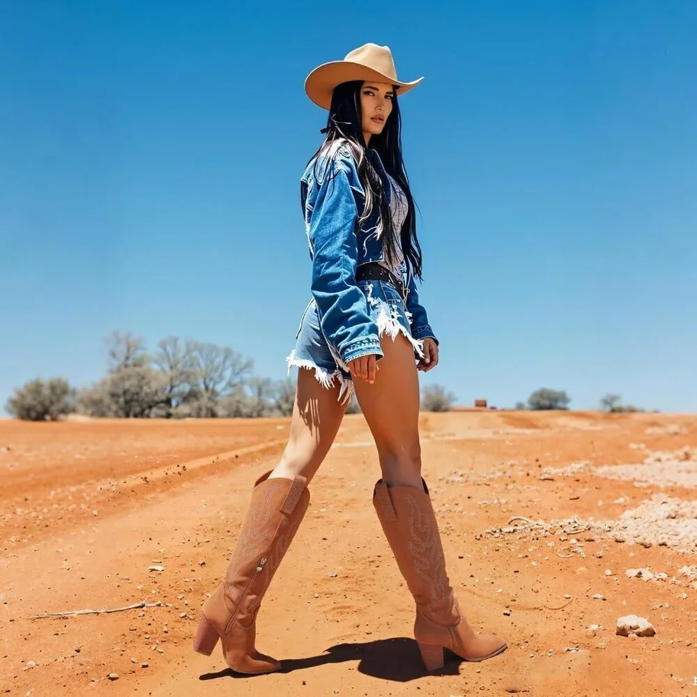 Women Suede Brown Rhinestones Embroidered Side Zip  Pointed Toe Knee High Boots